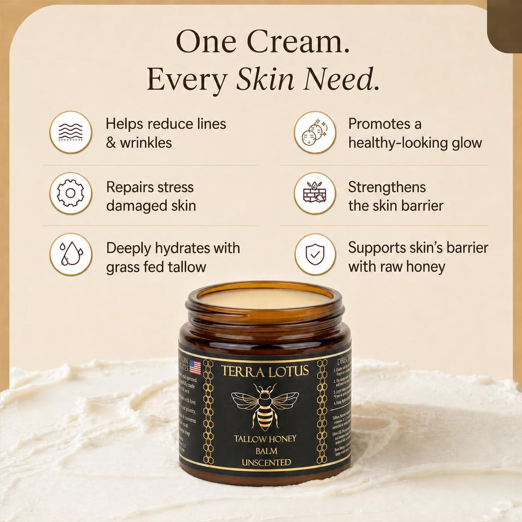 Terra Lotus - Organic Grass-Fed Beef Tallow Balm with Raw Honey - Moisturizing Cream for Soft, Smooth Skin - Handmade All-Natural Moisturizer (2 Oz, Unscented)