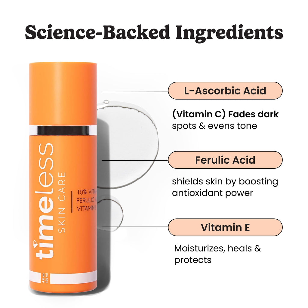 Timeless Skin Care Vitamin C Serum with Vitamin E & Ferulic Acid - Brightening Serum - for Oily & Dry Skin - Fragrance-Free - 1.7 Fl Oz