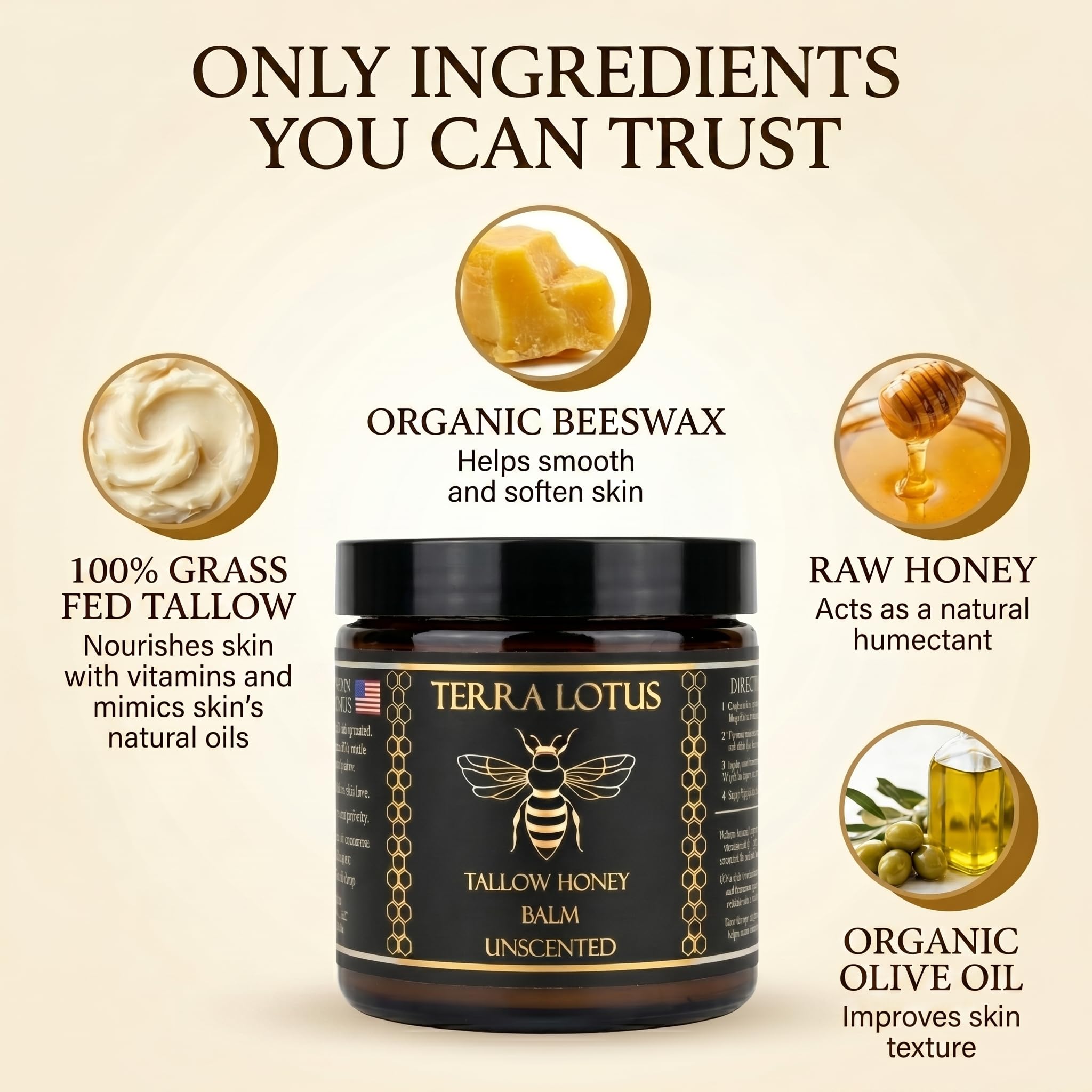 Terra Lotus - Organic Grass-Fed Beef Tallow Balm with Raw Honey - Moisturizing Cream for Soft, Smooth Skin - Handmade All-Natural Moisturizer (2 Oz, Unscented)